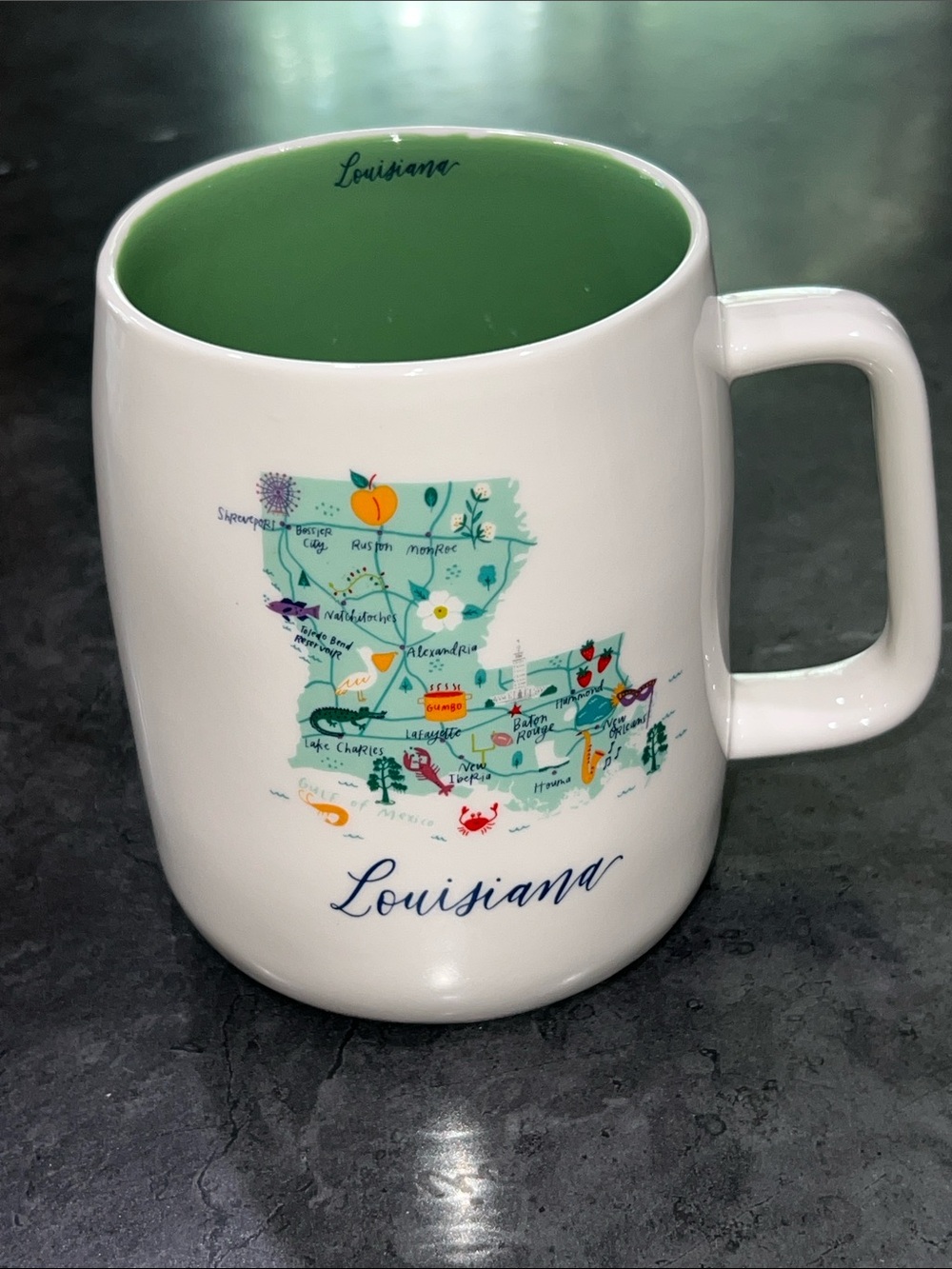 Louisiana State Map Ceramic Mug - White Exterior with Green Interior